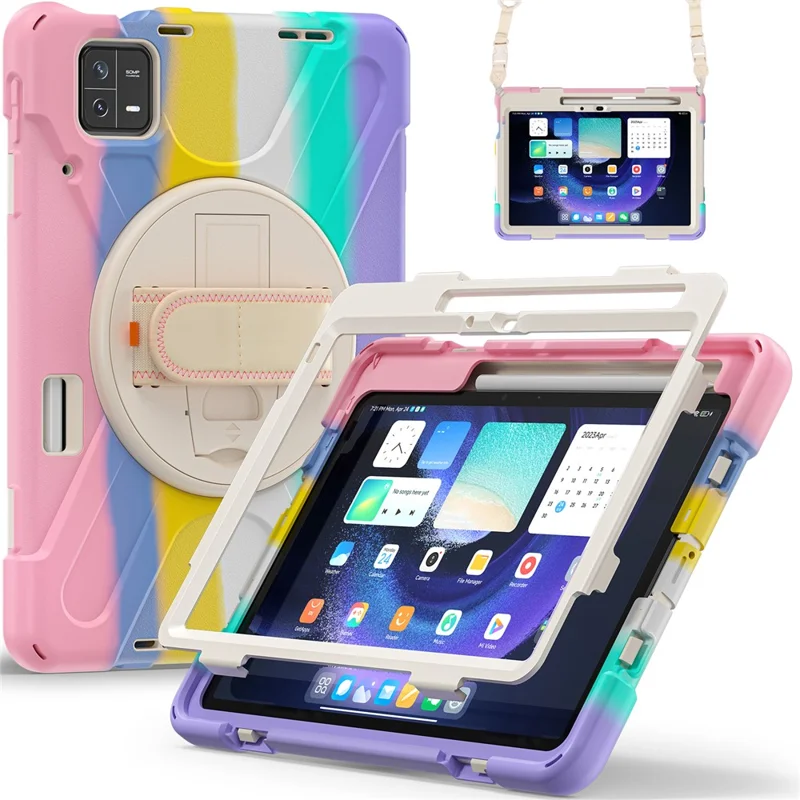 For Xiaomi Pad 6 / Pad 6 Pro Tablet Case PC+Silicone Kickstand Rugged Protective Cover with Hand Strap / Shoulder Strap - Colorful Pink