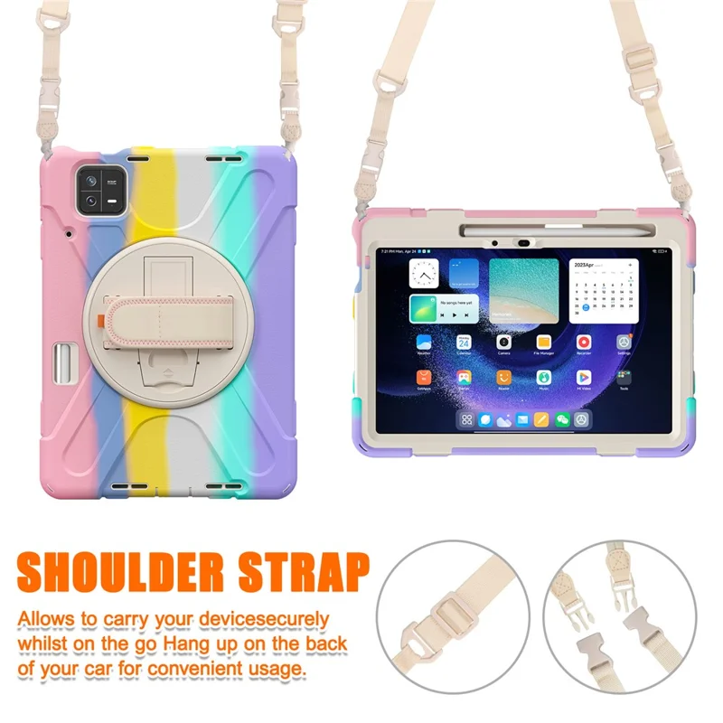 For Xiaomi Pad 6 / Pad 6 Pro Tablet Case PC+Silicone Kickstand Rugged Protective Cover with Hand Strap / Shoulder Strap - Colorful Pink