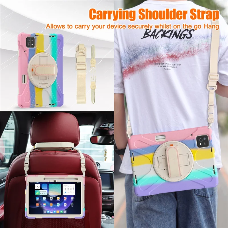 For Xiaomi Pad 6 / Pad 6 Pro Tablet Case PC+Silicone Kickstand Rugged Protective Cover with Hand Strap / Shoulder Strap - Colorful Pink