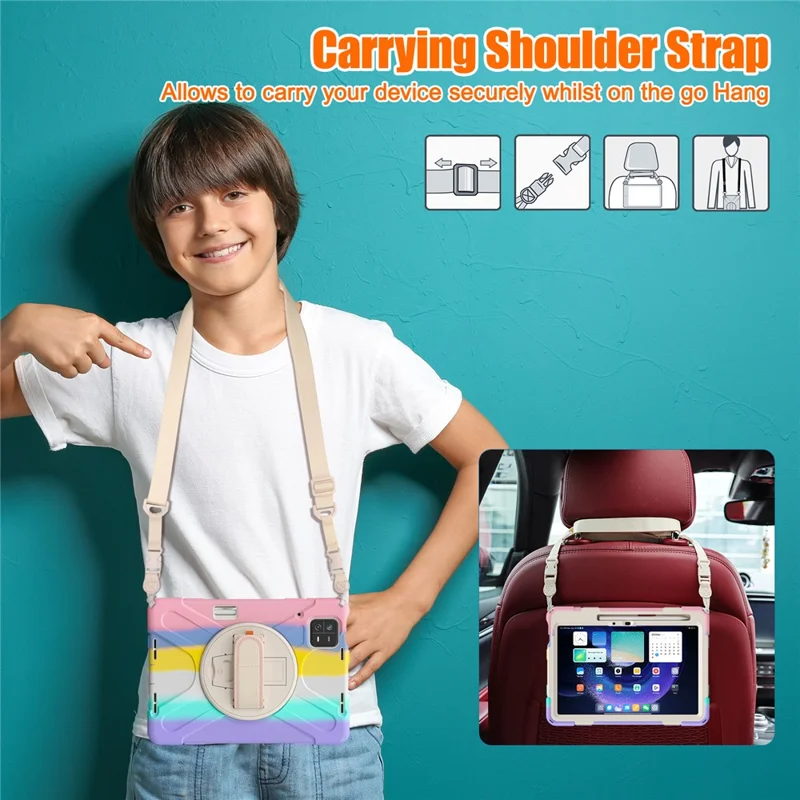 For Xiaomi Pad 6 / Pad 6 Pro Tablet Case PC+Silicone Kickstand Rugged Protective Cover with Hand Strap / Shoulder Strap - Colorful Pink