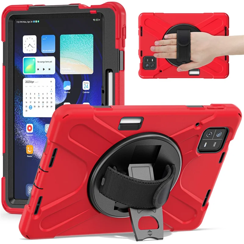 For Xiaomi Pad 6 / Pad 6 Pro PC+Silicone Tablet Case Rotatable Kickstand Protective Cover with Hand Strap - Red