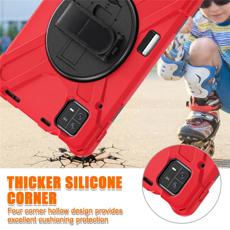 For Xiaomi Pad 6 / Pad 6 Pro PC+Silicone Tablet Case Rotatable Kickstand Protective Cover with Hand Strap - Red