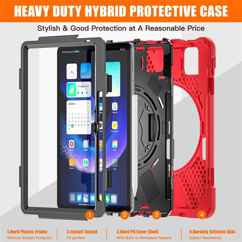 For Xiaomi Pad 6 / Pad 6 Pro PC+Silicone Tablet Case Rotatable Kickstand Protective Cover with Hand Strap - Red