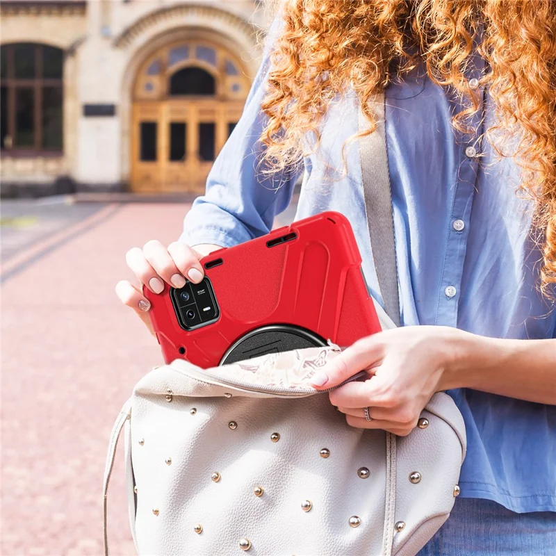 For Xiaomi Pad 6 / Pad 6 Pro PC+Silicone Tablet Case Rotatable Kickstand Protective Cover with Hand Strap - Red