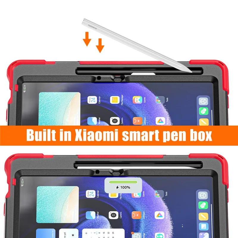 For Xiaomi Pad 6 / Pad 6 Pro PC+Silicone Tablet Case Rotatable Kickstand Protective Cover with Hand Strap - Red