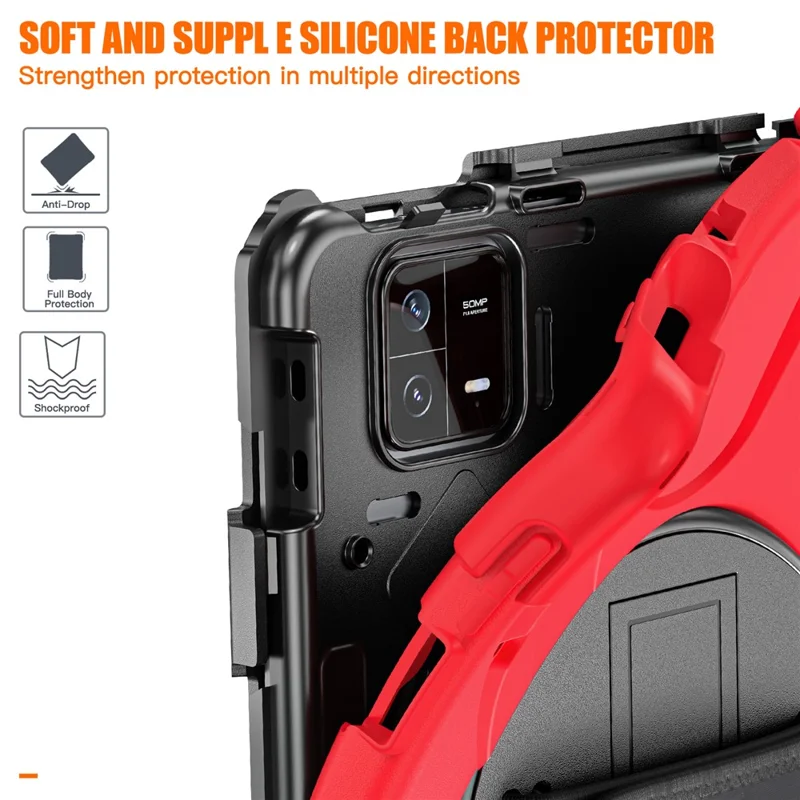For Xiaomi Pad 6 / Pad 6 Pro PC+Silicone Tablet Case Rotatable Kickstand Protective Cover with Hand Strap - Red