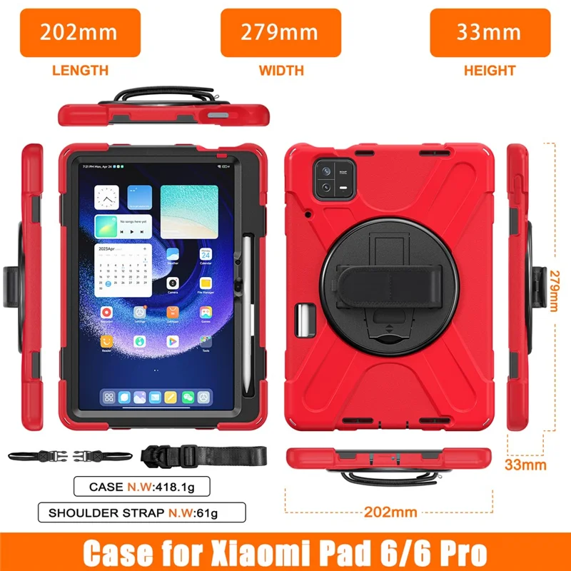 For Xiaomi Pad 6 / Pad 6 Pro PC+Silicone Tablet Case Rotatable Kickstand Protective Cover with Hand Strap - Red