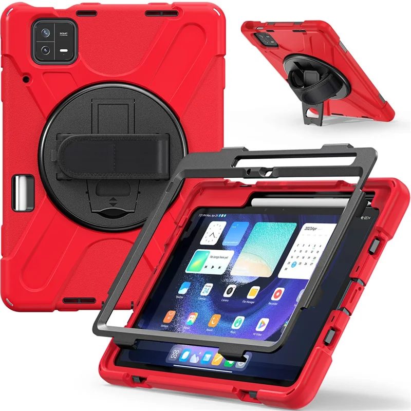 For Xiaomi Pad 6 / Pad 6 Pro PC+Silicone Tablet Case Rotatable Kickstand Protective Cover with Hand Strap - Red