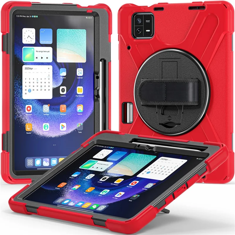 For Xiaomi Pad 6 / Pad 6 Pro PC+Silicone Tablet Case Rotatable Kickstand Protective Cover with Hand Strap - Red