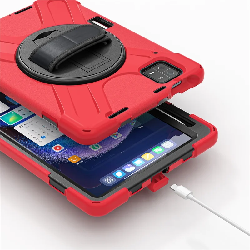 For Xiaomi Pad 6 / Pad 6 Pro PC+Silicone Tablet Case Rotatable Kickstand Protective Cover with Hand Strap - Red