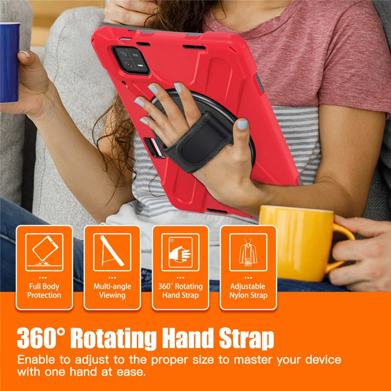 For Xiaomi Pad 6 / Pad 6 Pro PC+Silicone Tablet Case Rotatable Kickstand Protective Cover with Hand Strap - Red