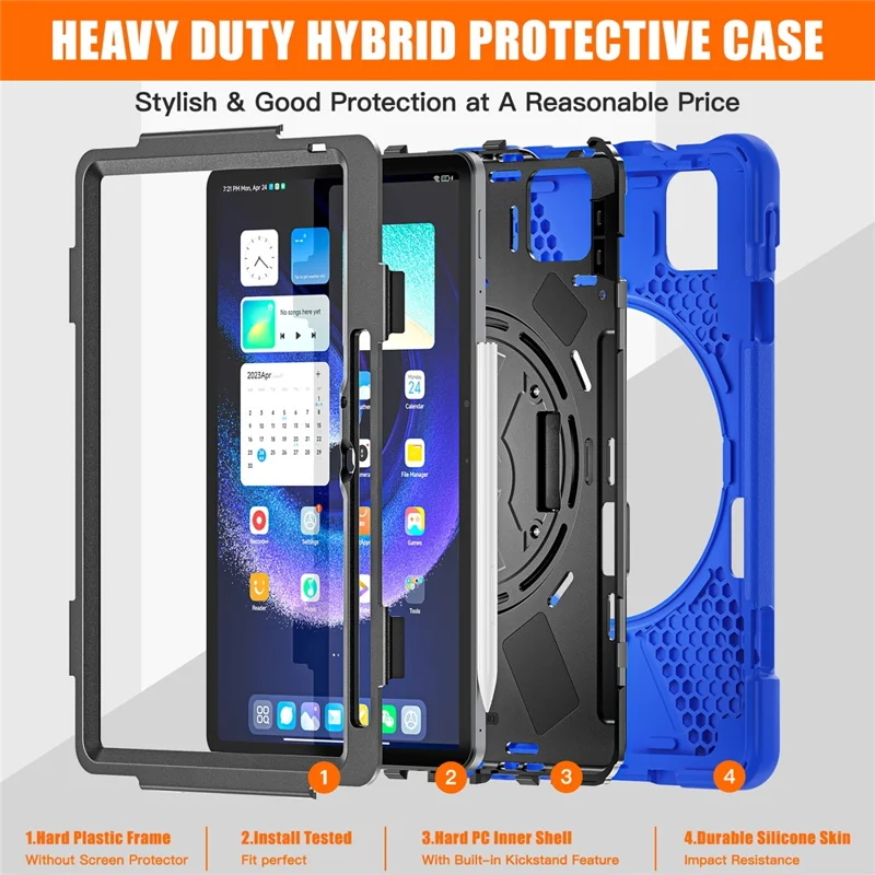 Pour Xiaomi Pad 6 / Pad 6 Pro PC+Silicone Tablet Case Rotatable Kickstand Protective Cover with Hand Strap - Bleu