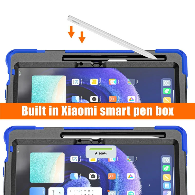 Pour Xiaomi Pad 6 / Pad 6 Pro PC+Silicone Tablet Case Rotatable Kickstand Protective Cover with Hand Strap - Bleu