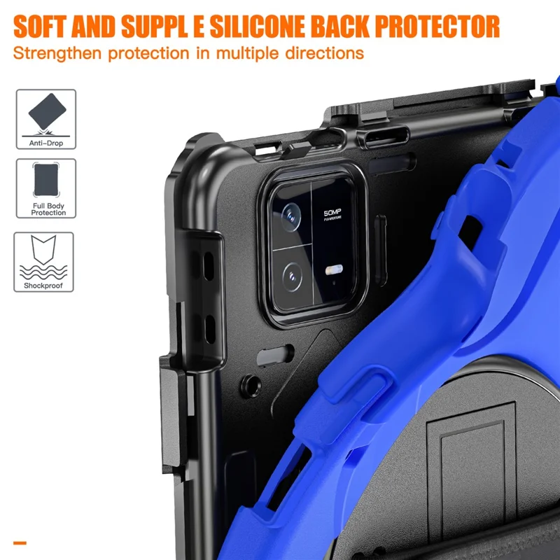Pour Xiaomi Pad 6 / Pad 6 Pro PC+Silicone Tablet Case Rotatable Kickstand Protective Cover with Hand Strap - Bleu