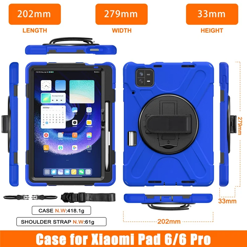 Pour Xiaomi Pad 6 / Pad 6 Pro PC+Silicone Tablet Case Rotatable Kickstand Protective Cover with Hand Strap - Bleu