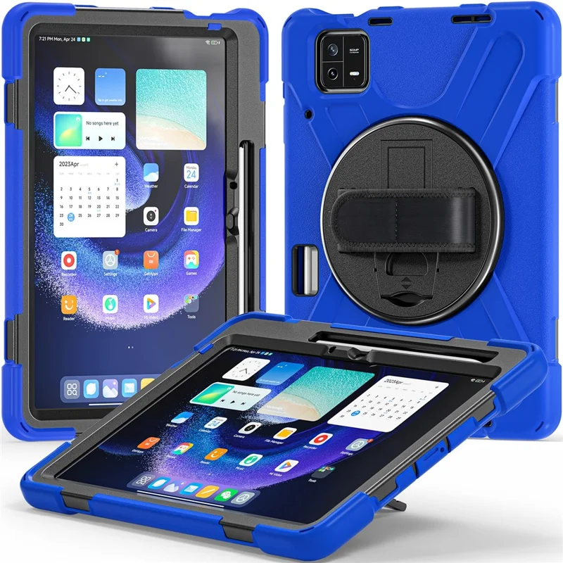 Pour Xiaomi Pad 6 / Pad 6 Pro PC+Silicone Tablet Case Rotatable Kickstand Protective Cover with Hand Strap - Bleu