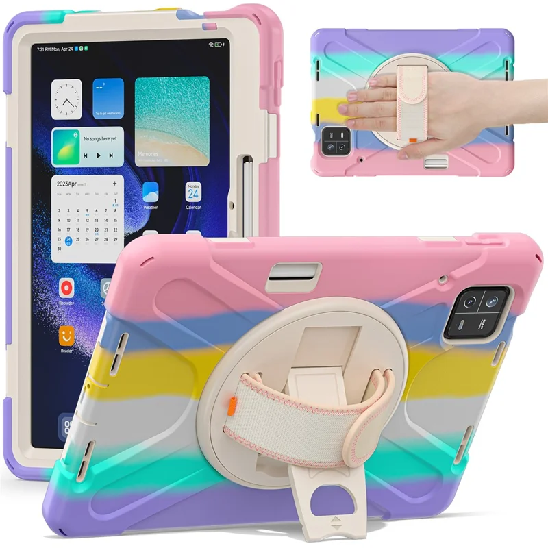 For Xiaomi Pad 6 / Pad 6 Pro PC+Silicone Tablet Case Rotatable Kickstand Protective Cover with Hand Strap - Colorful Pink