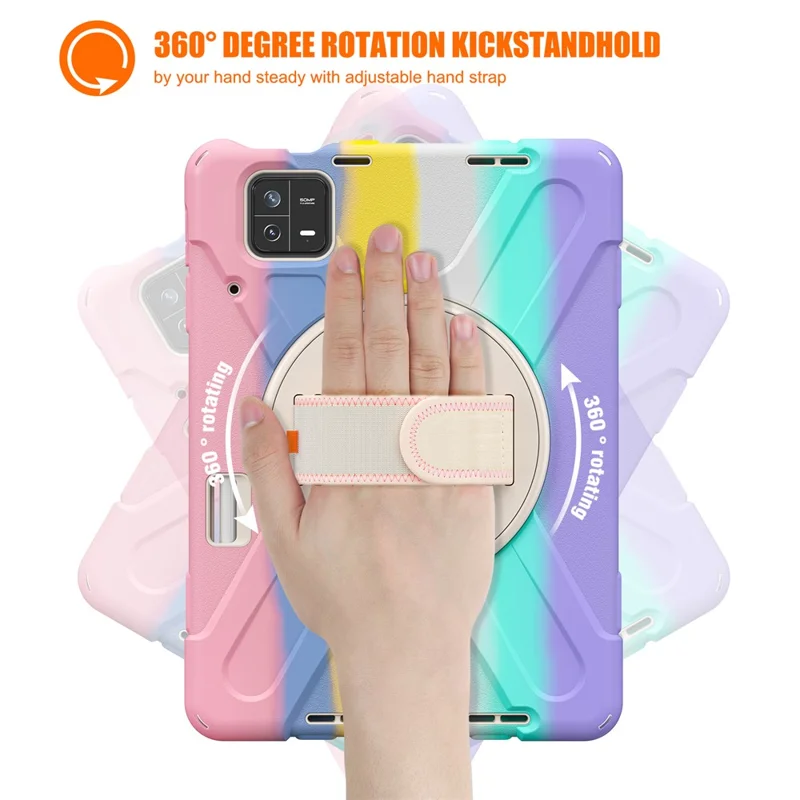For Xiaomi Pad 6 / Pad 6 Pro PC+Silicone Tablet Case Rotatable Kickstand Protective Cover with Hand Strap - Colorful Pink