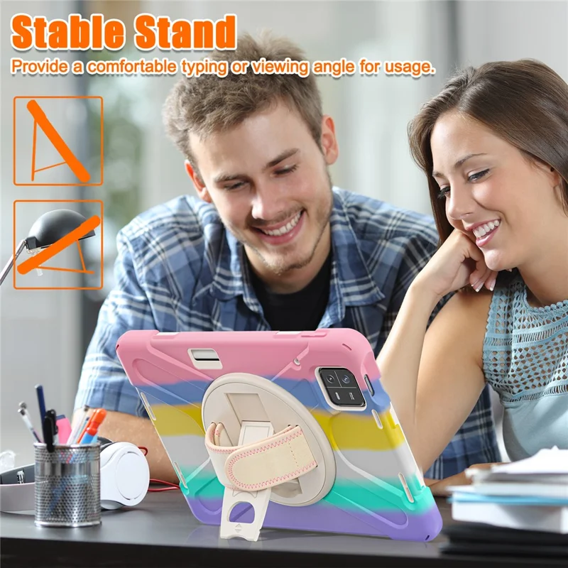 For Xiaomi Pad 6 / Pad 6 Pro PC+Silicone Tablet Case Rotatable Kickstand Protective Cover with Hand Strap - Colorful Pink