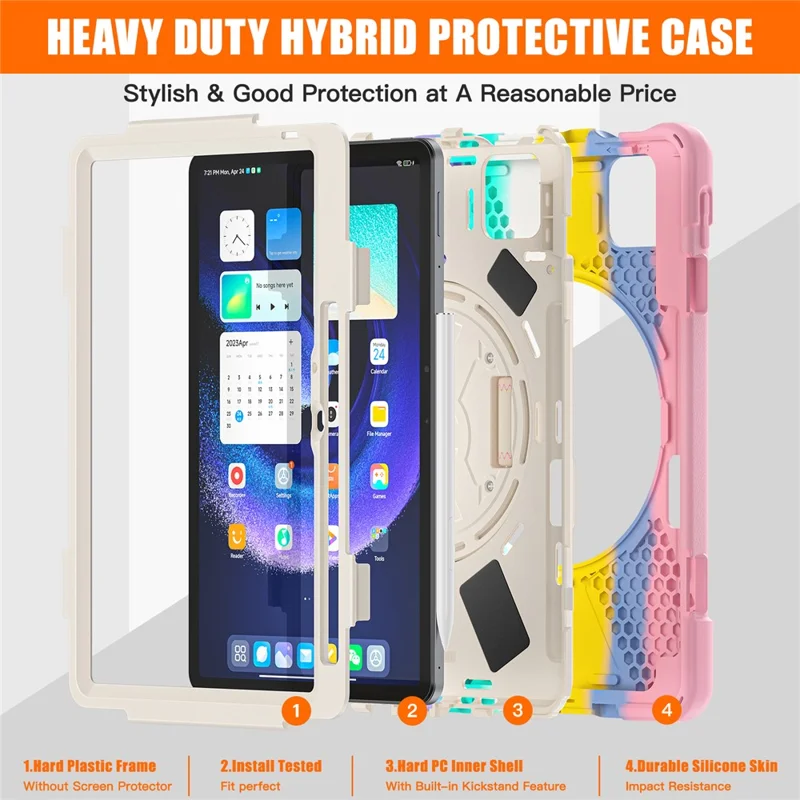For Xiaomi Pad 6 / Pad 6 Pro PC+Silicone Tablet Case Rotatable Kickstand Protective Cover with Hand Strap - Colorful Pink