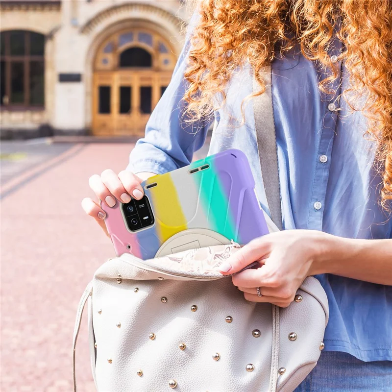 For Xiaomi Pad 6 / Pad 6 Pro PC+Silicone Tablet Case Rotatable Kickstand Protective Cover with Hand Strap - Colorful Pink