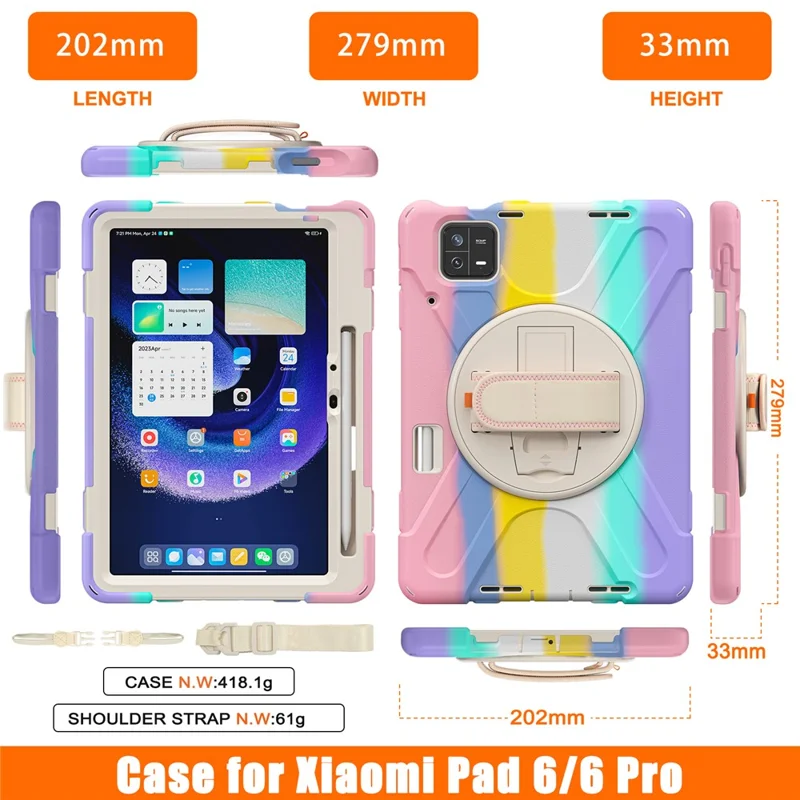 For Xiaomi Pad 6 / Pad 6 Pro PC+Silicone Tablet Case Rotatable Kickstand Protective Cover with Hand Strap - Colorful Pink