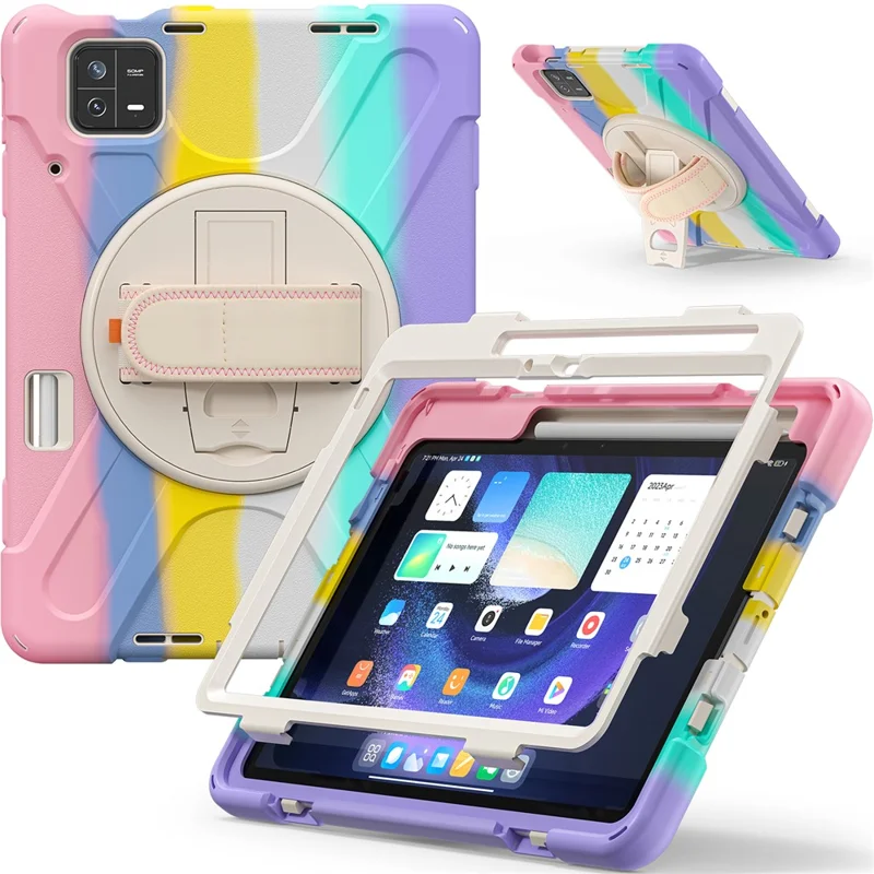 For Xiaomi Pad 6 / Pad 6 Pro PC+Silicone Tablet Case Rotatable Kickstand Protective Cover with Hand Strap - Colorful Pink