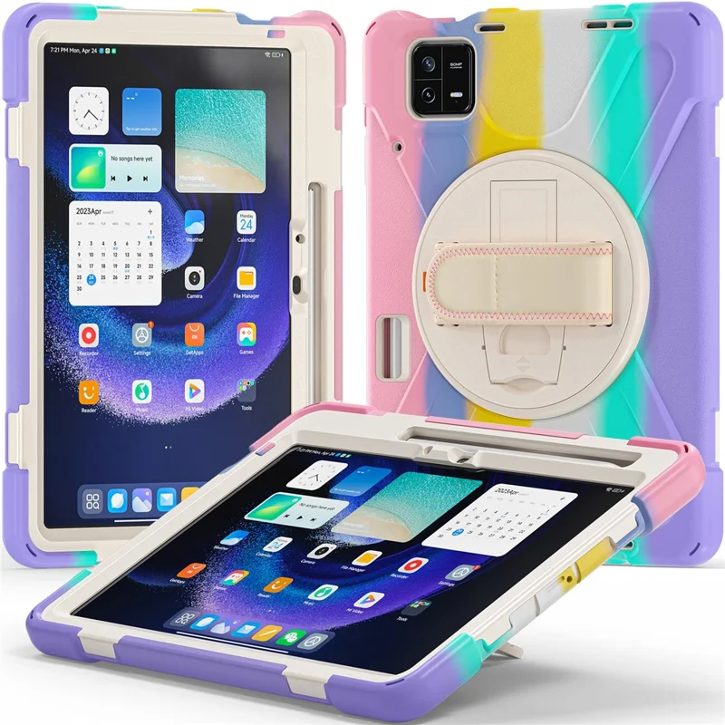 For Xiaomi Pad 6 / Pad 6 Pro PC+Silicone Tablet Case Rotatable Kickstand Protective Cover with Hand Strap - Colorful Pink