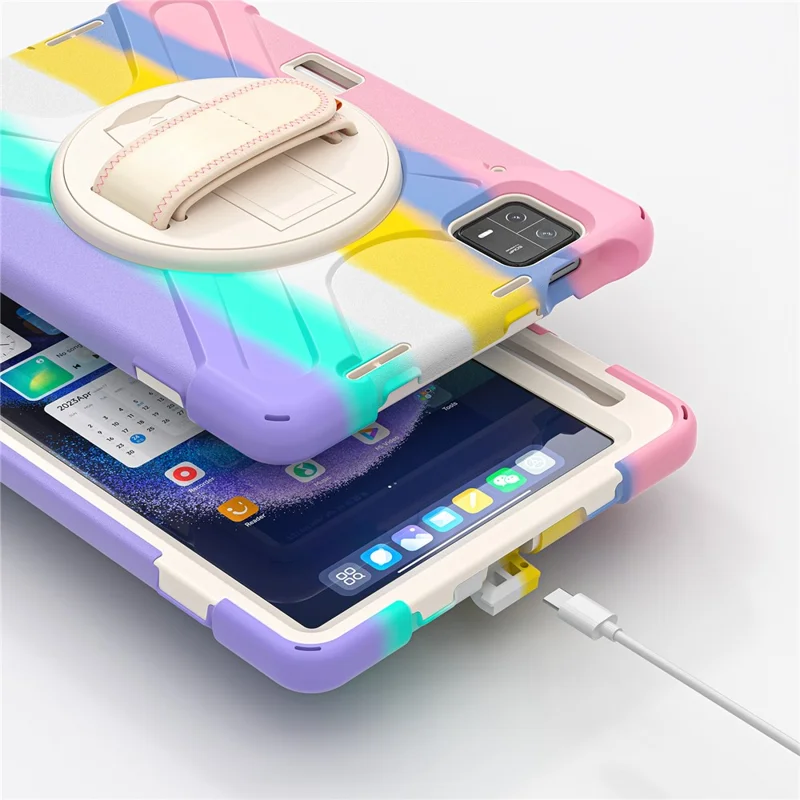 For Xiaomi Pad 6 / Pad 6 Pro PC+Silicone Tablet Case Rotatable Kickstand Protective Cover with Hand Strap - Colorful Pink