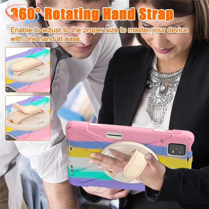 For Xiaomi Pad 6 / Pad 6 Pro PC+Silicone Tablet Case Rotatable Kickstand Protective Cover with Hand Strap - Colorful Pink