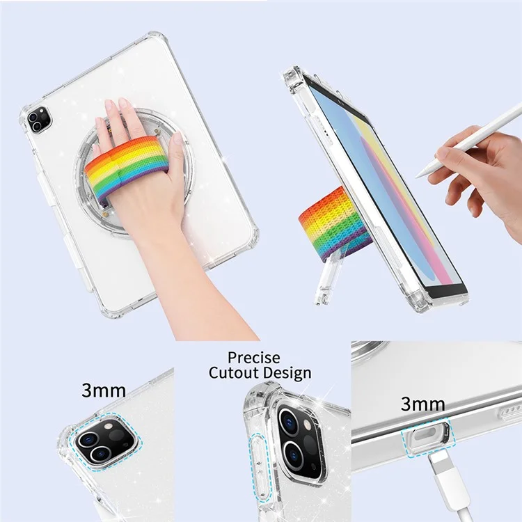 For iPad Pro 11 (2018) / (2020) / (2021) / (2022) TPU+PC Tablet Case Rotary Hand Strap Kickstand Tablet Cover - Glitter Purple