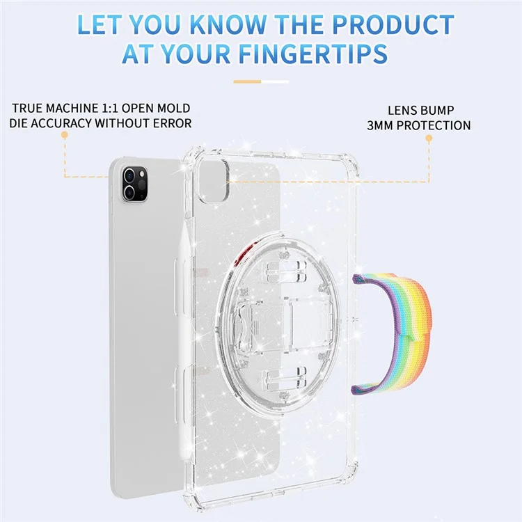For iPad Pro 11 (2018) / (2020) / (2021) / (2022) Kickstand Tablet Case Rotary Hand Strap TPU+PC Cover with Shoulder Strap - Glitter White