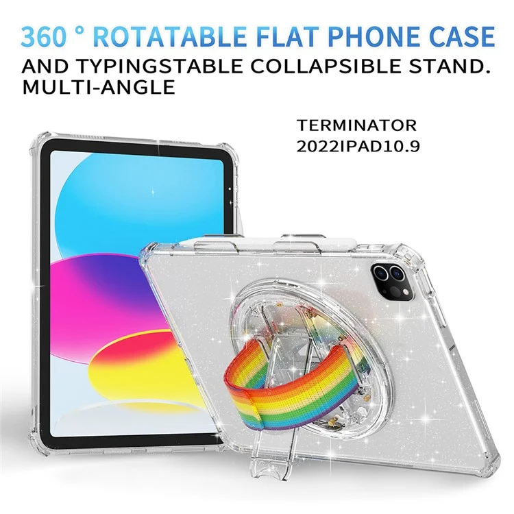 For iPad Pro 11 (2018) / (2020) / (2021) / (2022) Kickstand Tablet Case Rotary Hand Strap TPU+PC Cover with Shoulder Strap - Glitter White