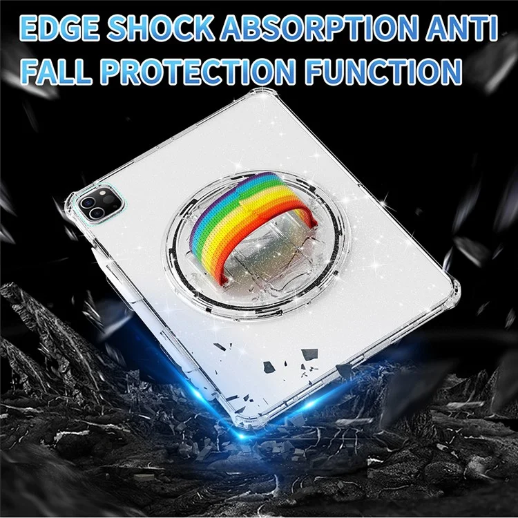 For iPad Pro 11 (2018) / (2020) / (2021) / (2022) Kickstand Tablet Case Rotary Hand Strap TPU+PC Cover with Shoulder Strap - Glitter White