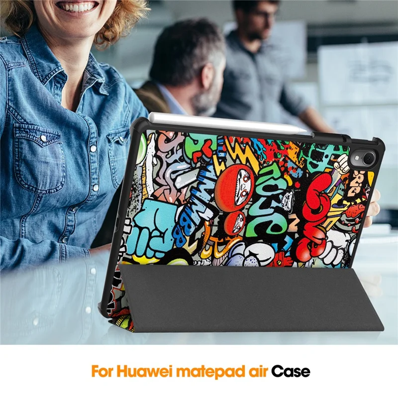 For Huawei MatePad Air 11.5 inch (2023) Auto Wake / Sleep Trifold Stand Tablet Case PU Leather Pattern Printed Cover - Graffiti