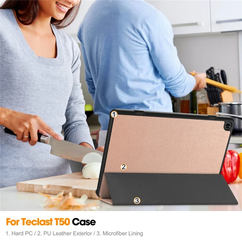 For Teclast T50 Tri-fold Stand Shell Auto Sleep  /  Wake Tablet Case PU Leather Full Protective Cover - Rose Gold