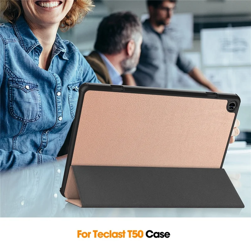 For Teclast T50 Tri-fold Stand Shell Auto Sleep  /  Wake Tablet Case PU Leather Full Protective Cover - Rose Gold