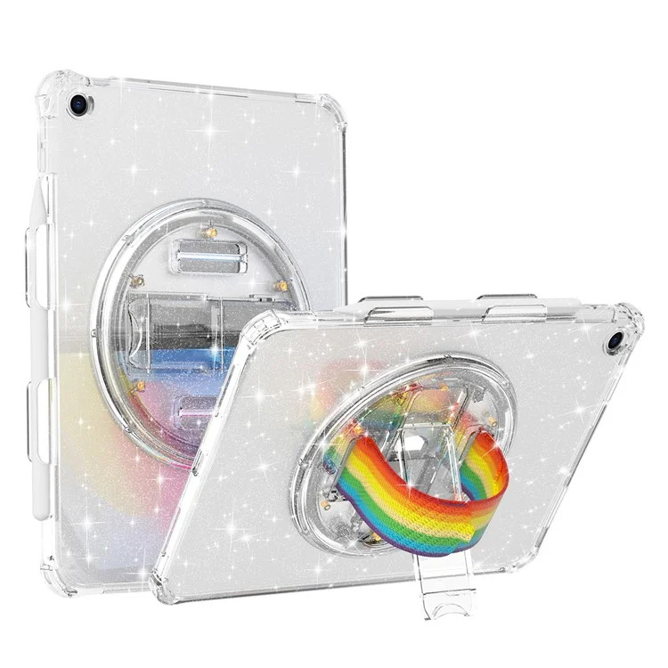 Pour iPad 10.2 (2021) / (2020) / (2019) Rotary Hand Strap Kickstand Tablet Case TPU+PC Tablet Cover with Shoulder Strap - Glitter White