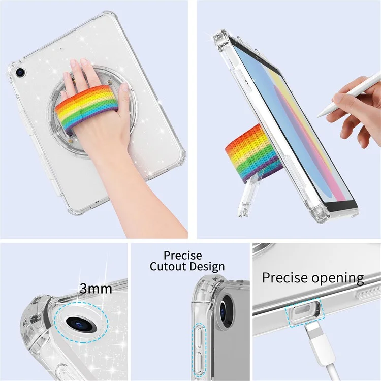 Pour iPad 10.2 (2021) / (2020) / (2019) Rotary Hand Strap Kickstand Tablet Case TPU+PC Tablet Cover with Shoulder Strap - Glitter White