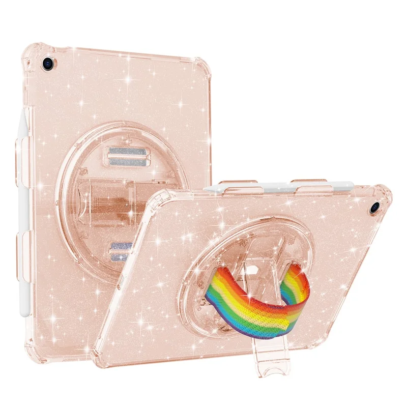 For iPad 10.2 (2021) / (2020) / (2019) Rotary Hand Strap Kickstand Tablet Case TPU+PC Tablet Cover with Shoulder Strap - Glitter Gold