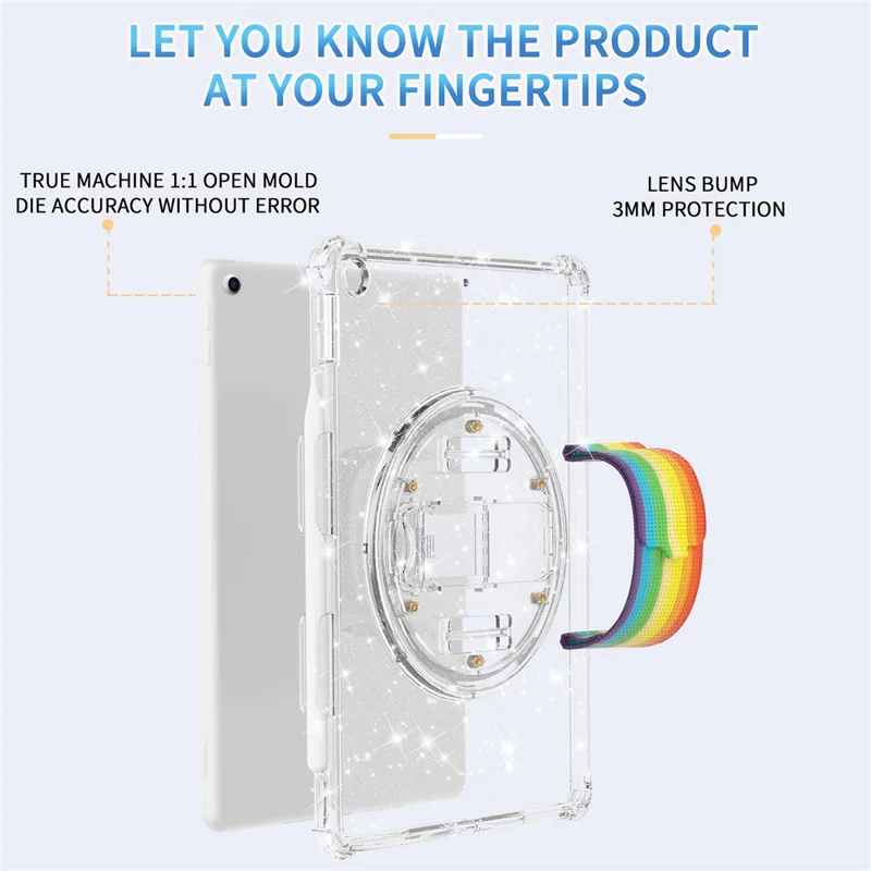 For iPad 10.2 (2021) / (2020) / (2019) Rotary Hand Strap Kickstand Tablet Case TPU+PC Tablet Cover with Shoulder Strap - Glitter Gold