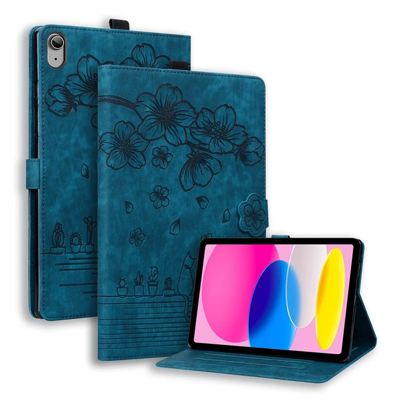 For iPad (2025) / 10.9 (2022) PU Leather Tablet Case Imprinted Flower Cat Card Holder Stand Tablet Cover - Sapphire
