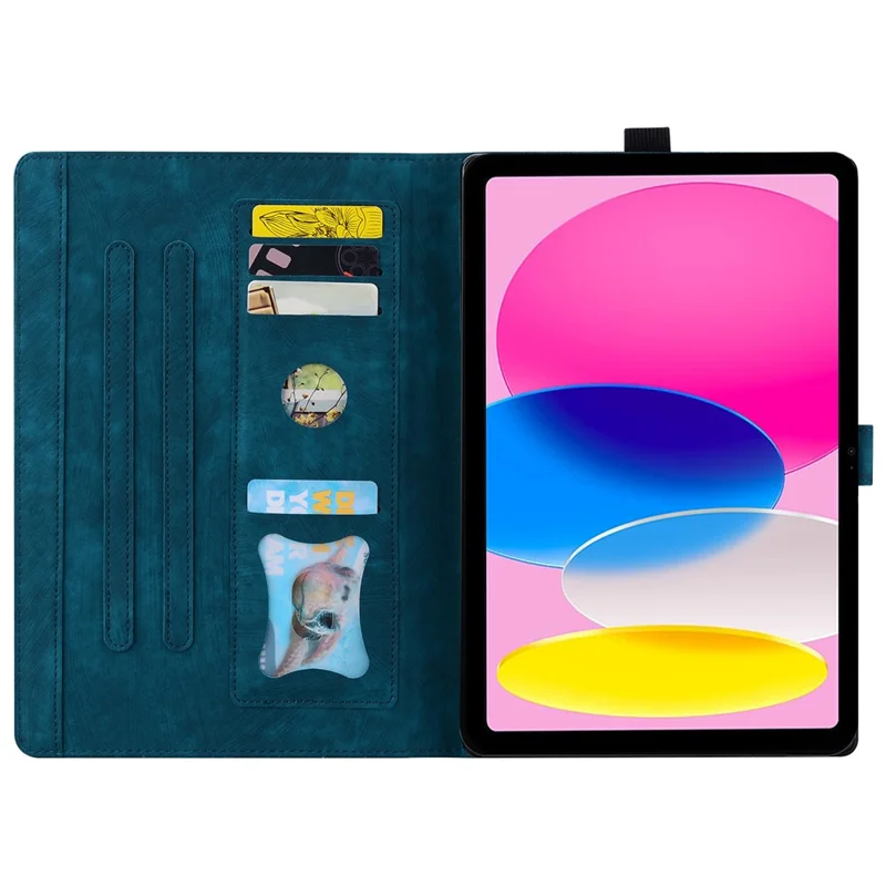 For iPad (2025) / 10.9 (2022) PU Leather Tablet Case Imprinted Flower Cat Card Holder Stand Tablet Cover - Sapphire