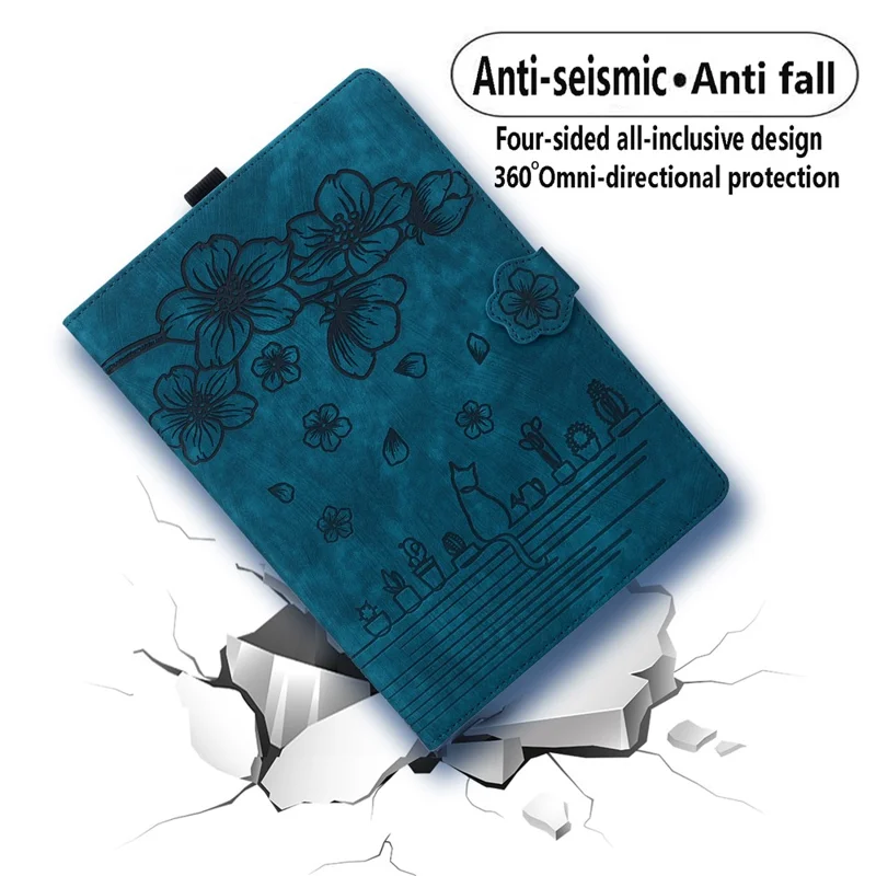For iPad (2025) / 10.9 (2022) PU Leather Tablet Case Imprinted Flower Cat Card Holder Stand Tablet Cover - Sapphire