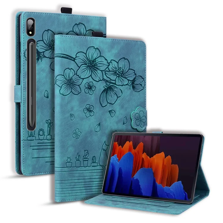 Für Samsung Galaxy Tab S9 Ultra / S8 Ultra Kartenfächer Ledertablett-Hülle Ständer Mit Aufgedruckter Blume Katze Tablet-Cover - Grün