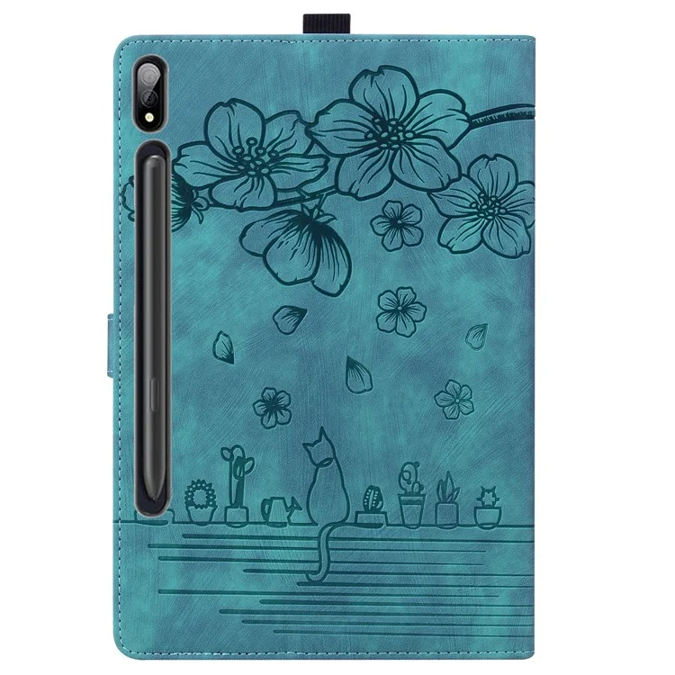 Für Samsung Galaxy Tab S9 Ultra / S8 Ultra Kartenfächer Ledertablett-Hülle Ständer Mit Aufgedruckter Blume Katze Tablet-Cover - Grün