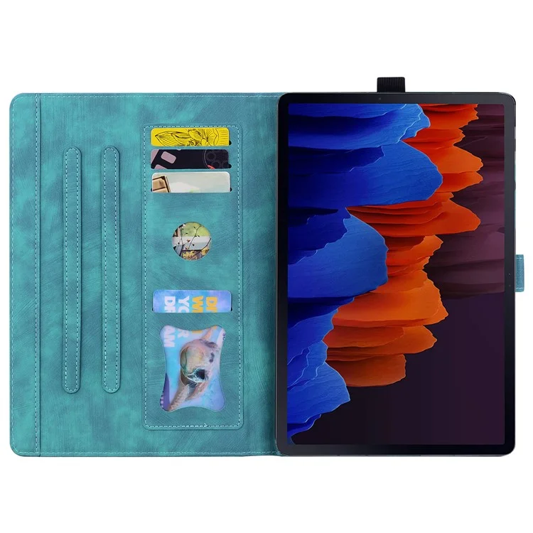 Für Samsung Galaxy Tab S9 Ultra / S8 Ultra Kartenfächer Ledertablett-Hülle Ständer Mit Aufgedruckter Blume Katze Tablet-Cover - Grün
