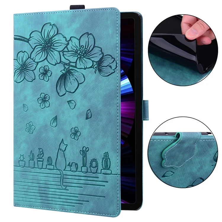 Für Samsung Galaxy Tab S9 Ultra / S8 Ultra Kartenfächer Ledertablett-Hülle Ständer Mit Aufgedruckter Blume Katze Tablet-Cover - Grün