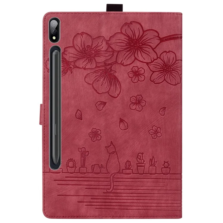 For Samsung Galaxy Tab S9 Ultra / S8 Ultra Card Slots Leather Tablet Case Stand Imprinted Flower Cat Tablet Cover - Wine Red
