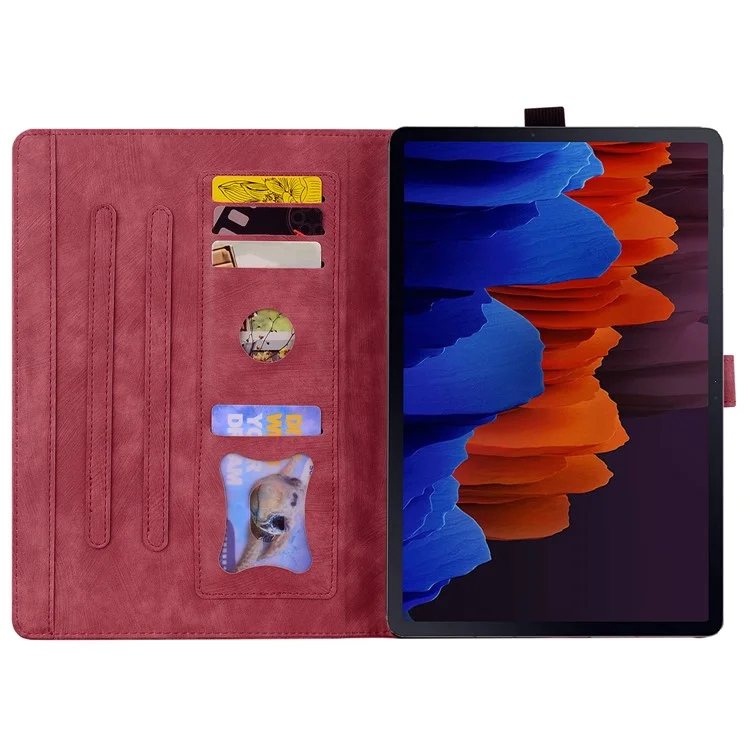For Samsung Galaxy Tab S9 Ultra / S8 Ultra Card Slots Leather Tablet Case Stand Imprinted Flower Cat Tablet Cover - Wine Red